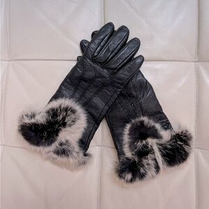 Overland black leather gloves with genuine fur trim